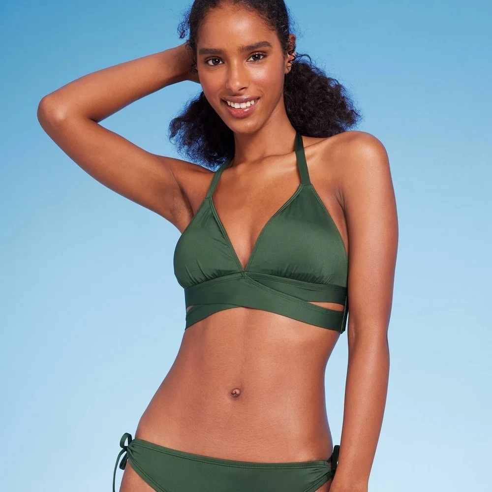 Shade & Shore Crisscross Halter Bikini Swim Top Olive Green XS NWT